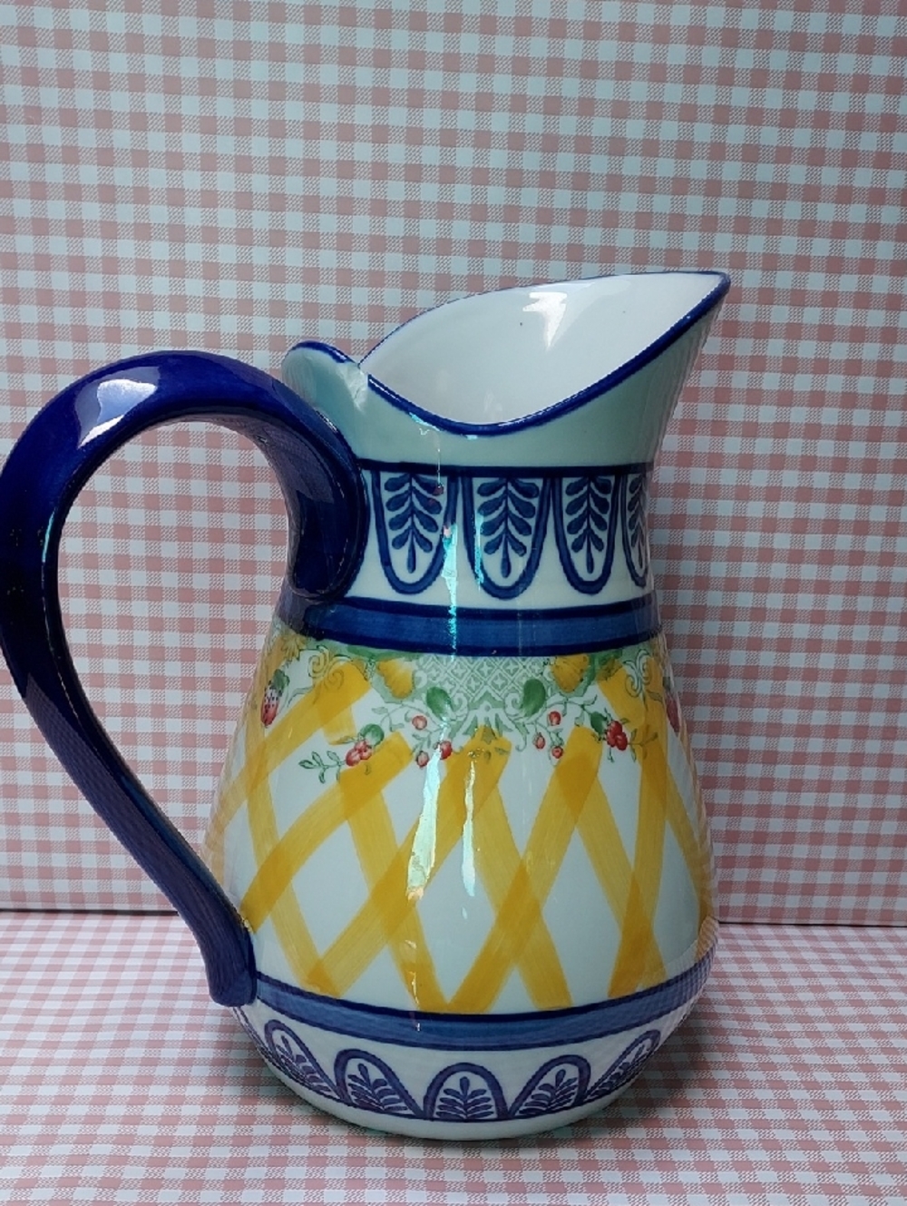Blue Yellow Strawberry Hand Painted Ceramic Set Pitcher Sugar Bowl Creamer Mug - Picture 3 of 10